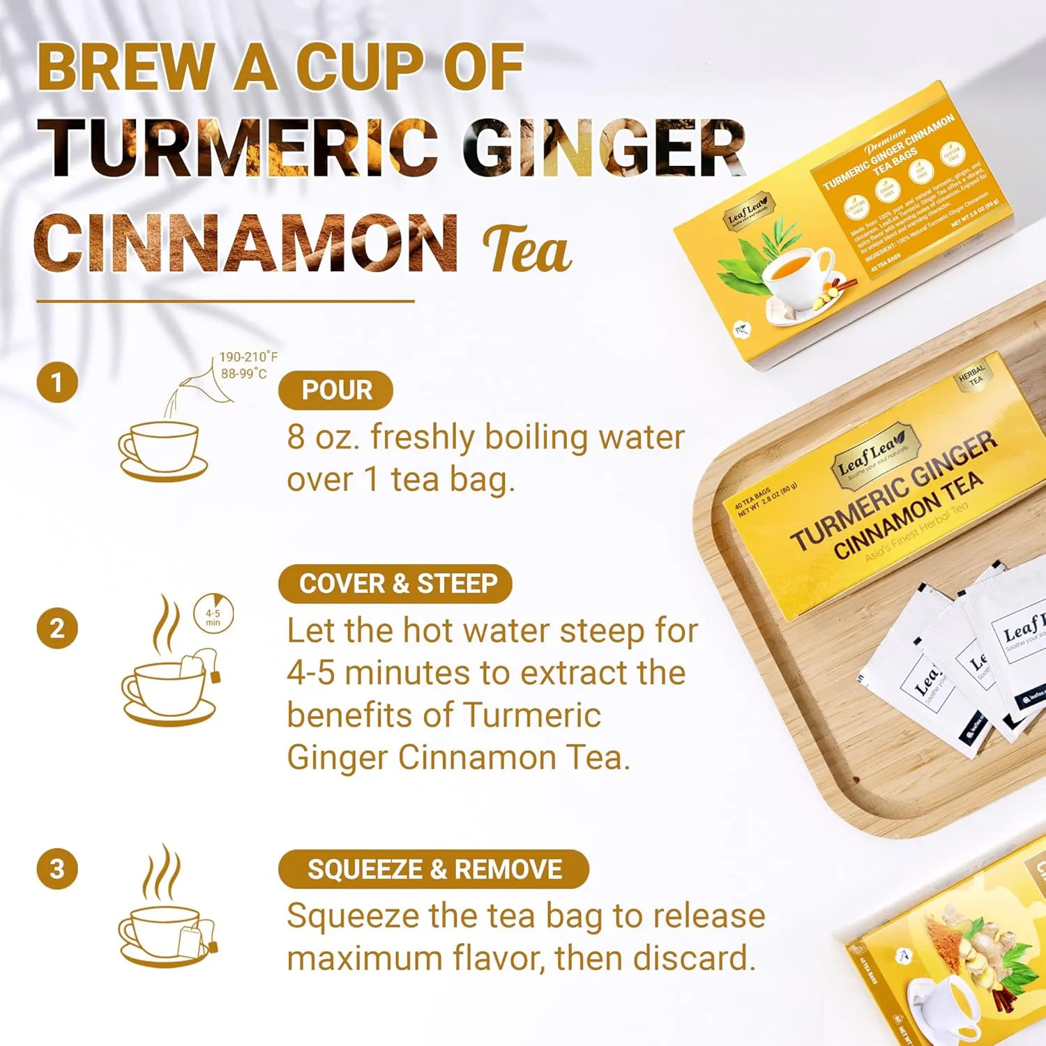 LeafLea 160 Ginger Turmeric Tea Bags, 100% Natural & Pure Herbal Tea Blend of Turmeric Ginger Tea with Cinnamon, Turmeric Tea Supports Digestion & Immunity, Caffeine-Free, No Sugar, Non-GMO
