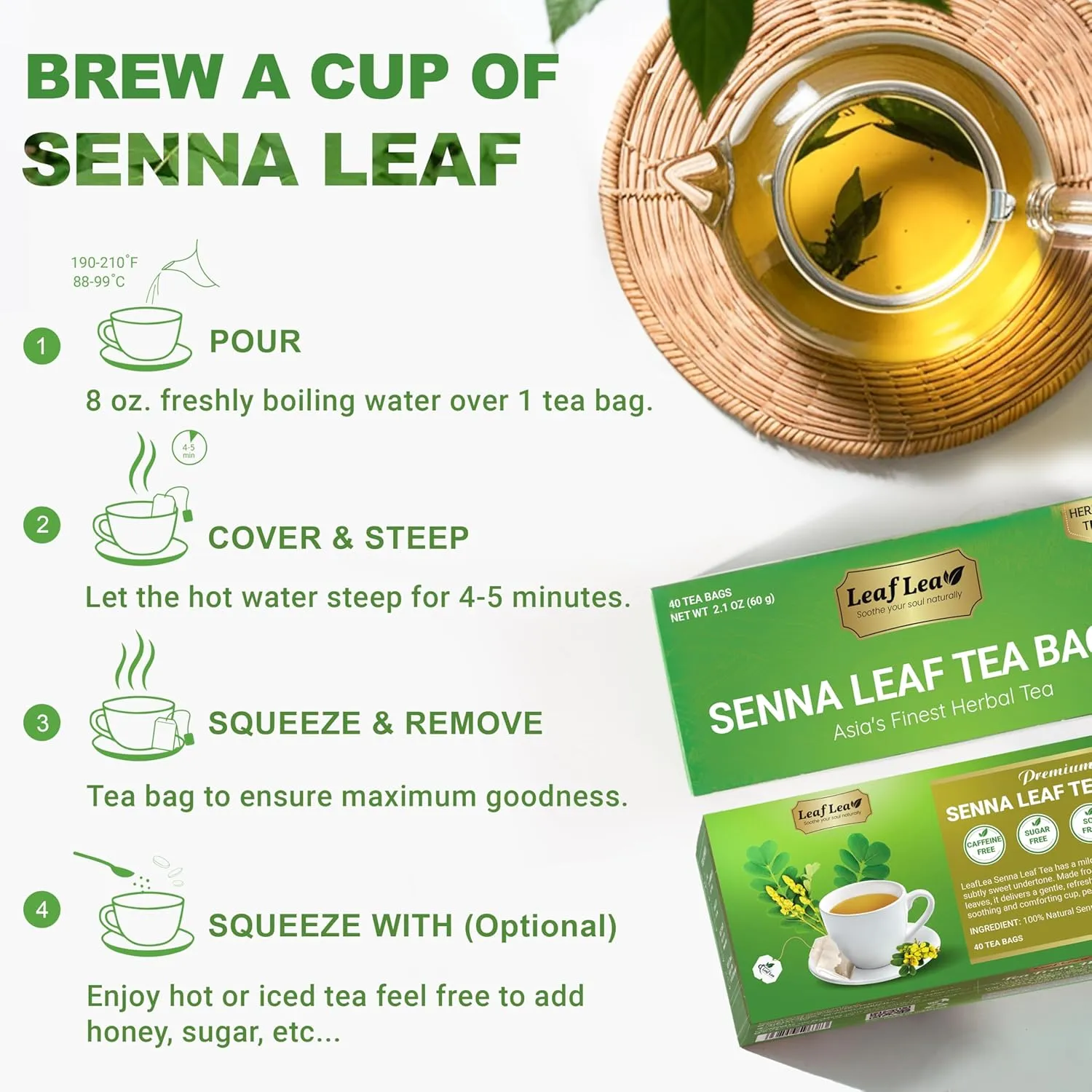 LeafLea 80 Senna Leaf Tea Bags – Natural Herbal Laxative Tea, Supports Gentle Constipation Relief & Healthy Digestion, Caffeine-Free, Sugar-Free, No Gluten, Non-GMO, Vegan, Individually Wrapped