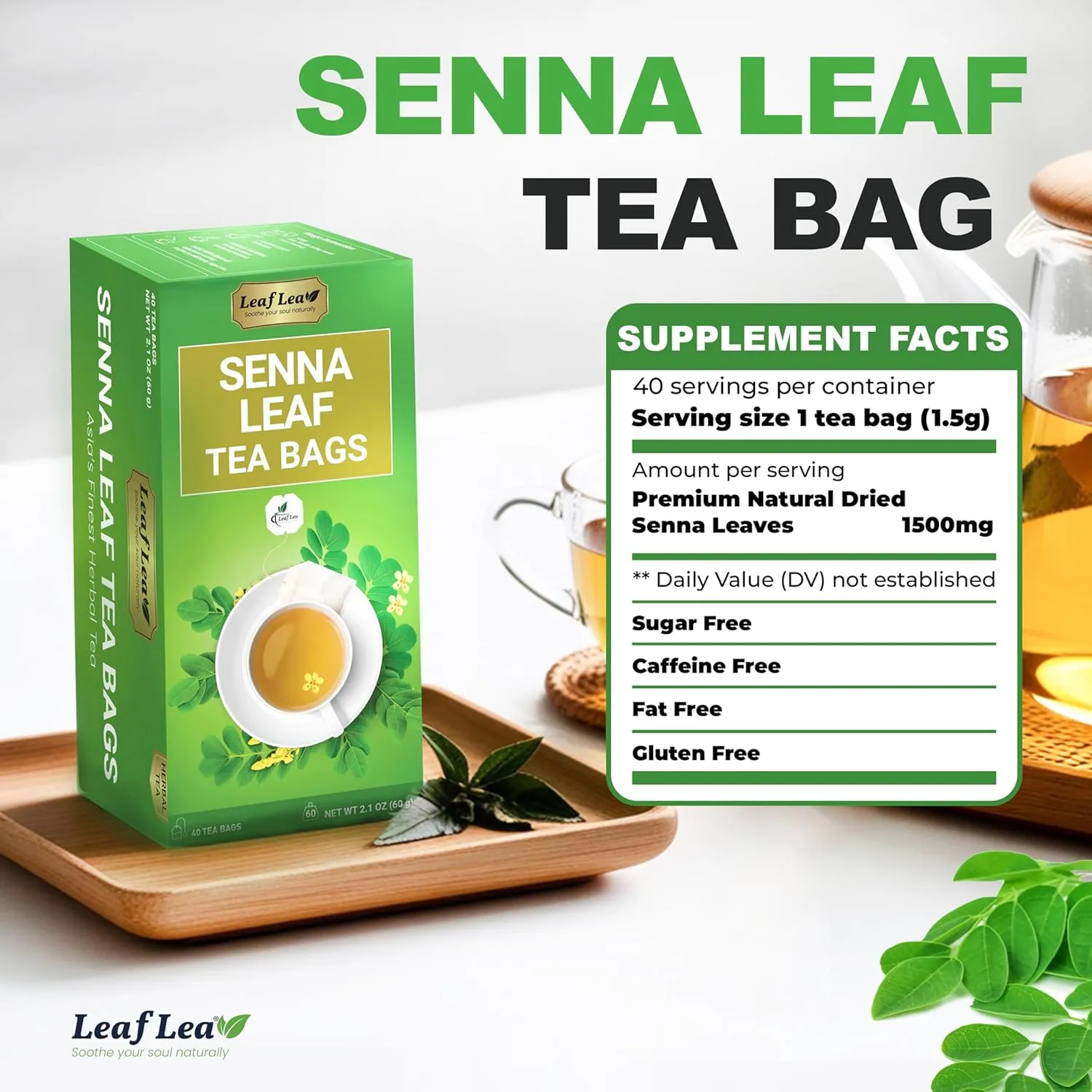 LeafLea 80 Senna Leaf Tea Bags – Natural Herbal Laxative Tea, Supports Gentle Constipation Relief & Healthy Digestion, Caffeine-Free, Sugar-Free, No Gluten, Non-GMO, Vegan, Individually Wrapped