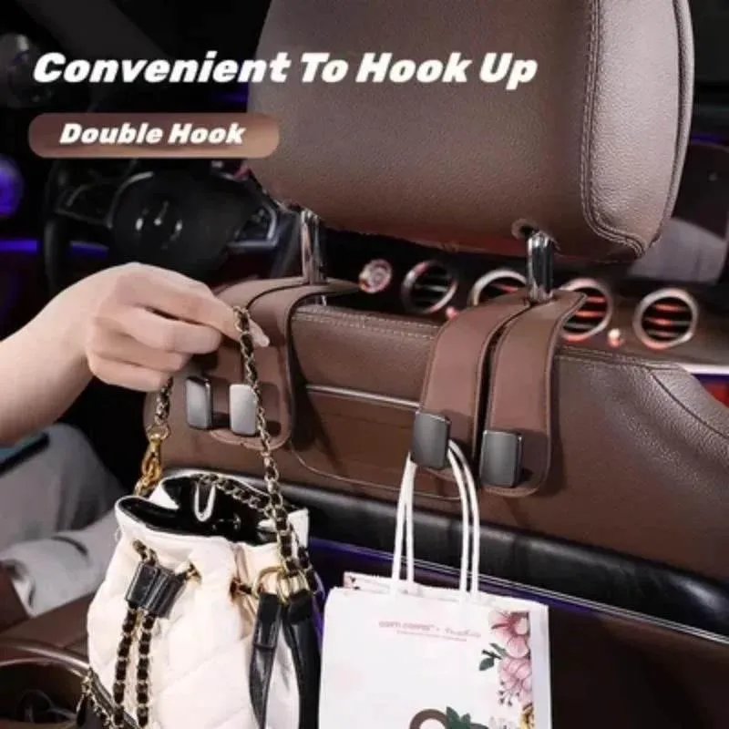 Leather Back Seat Organizer - Double Hook Car Storage System