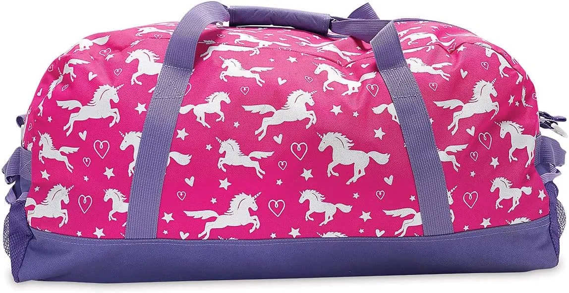Lillian Vernon Personalized Duffel Bag for Kids, Roomy Pink Unicorn Weekender With Front & Side Compartment, Customizable Girls Sports & Travel Bags With Custom Name, 11" x 12" x 23"