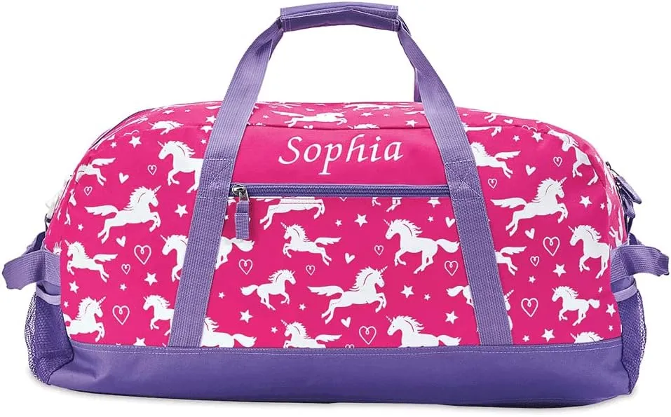 Lillian Vernon Personalized Duffel Bag for Kids, Roomy Pink Unicorn Weekender With Front & Side Compartment, Customizable Girls Sports & Travel Bags With Custom Name, 11" x 12" x 23"
