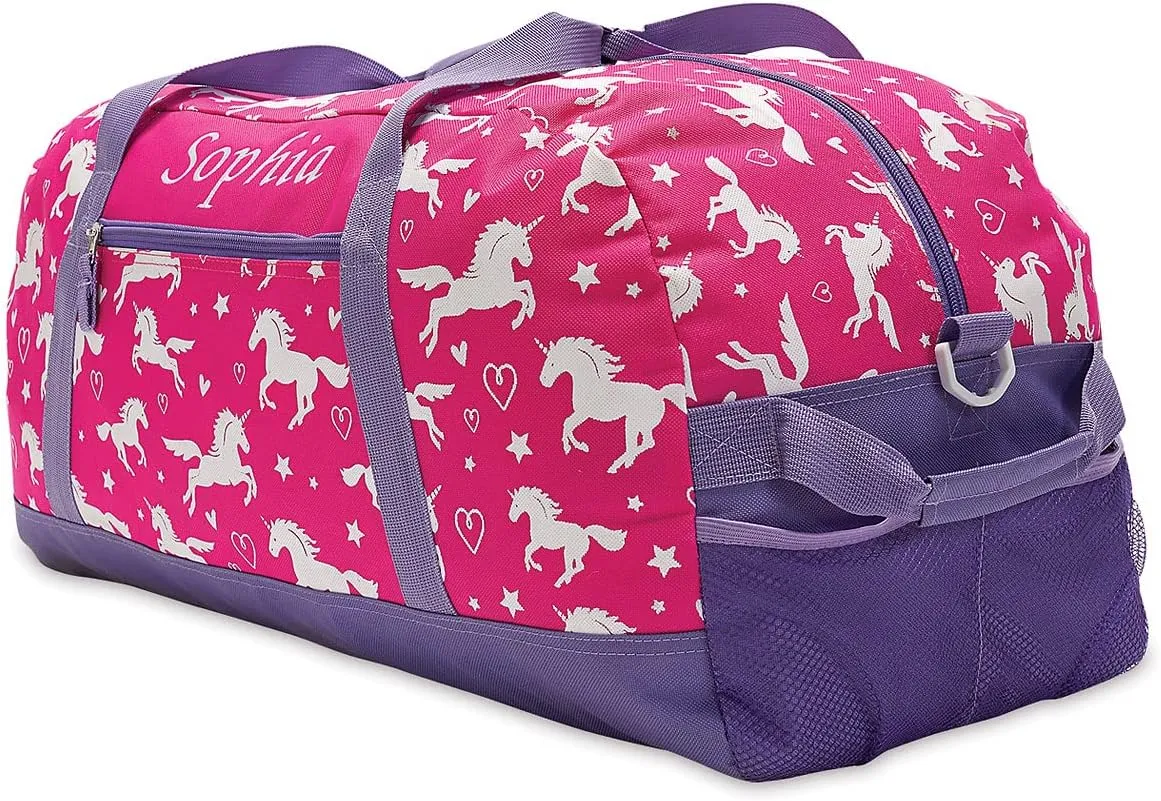 Lillian Vernon Personalized Duffel Bag for Kids, Roomy Pink Unicorn Weekender With Front & Side Compartment, Customizable Girls Sports & Travel Bags With Custom Name, 11" x 12" x 23"