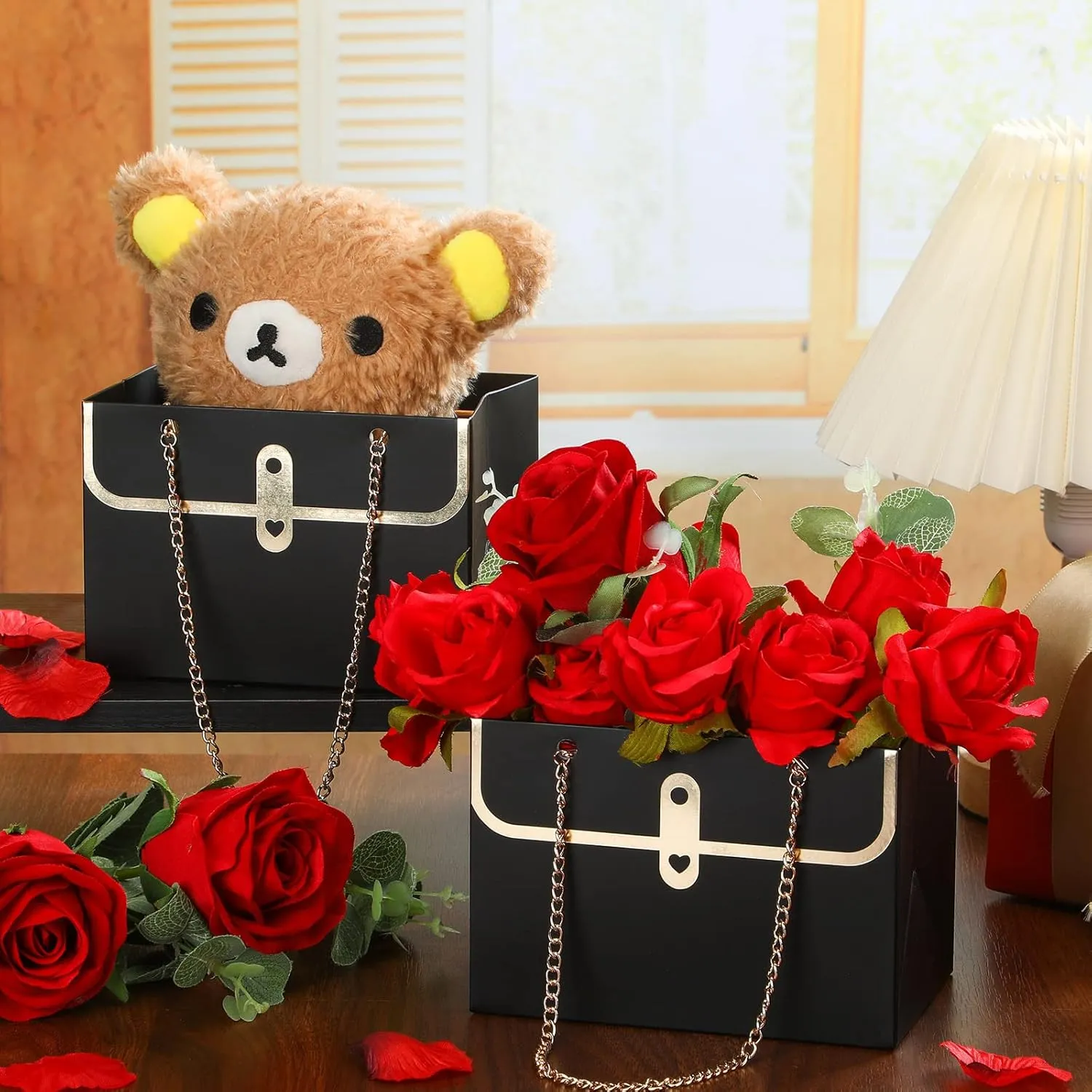 Lincia 12 Pcs Paper Flower Gift Bags Wedding Bouquet Flower Box with Handle Boxes for Arrangements Gift Wrapping Bags Florist Handbag for Wedding Baby Shower Party(Black)