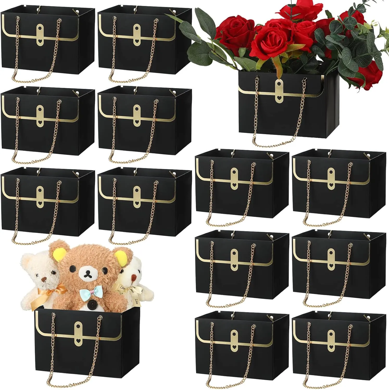 Lincia 12 Pcs Paper Flower Gift Bags Wedding Bouquet Flower Box with Handle Boxes for Arrangements Gift Wrapping Bags Florist Handbag for Wedding Baby Shower Party(Black)