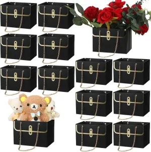 Lincia 12 Pcs Paper Flower Gift Bags Wedding Bouquet Flower Box with Handle Boxes for Arrangements Gift Wrapping Bags Florist Handbag for Wedding Baby Shower Party(Black)