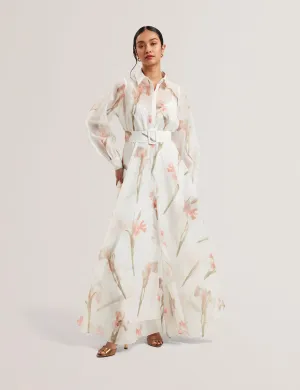 Liorral Printed Organza Belted Maxi Dress Ivory