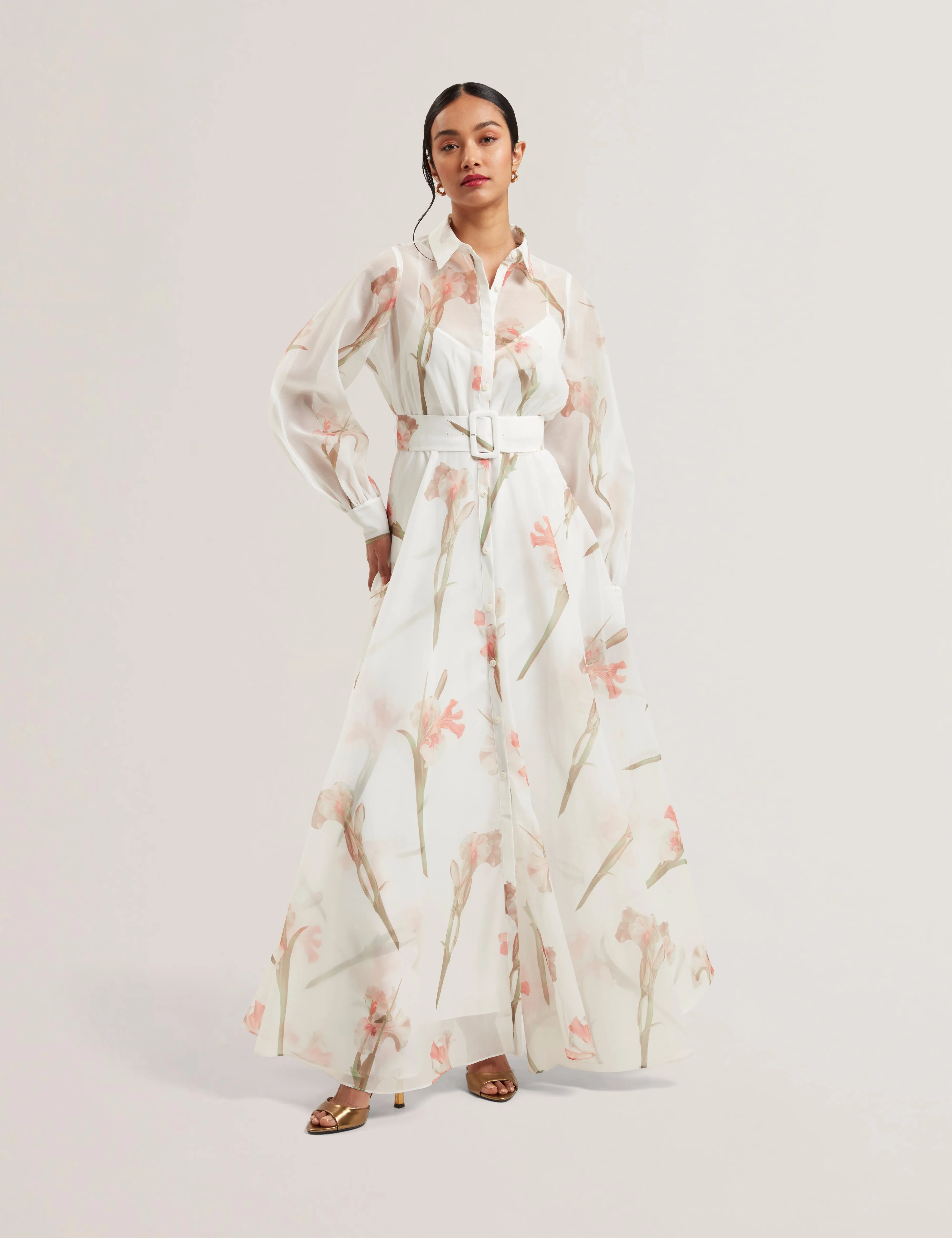 Liorral Printed Organza Belted Maxi Dress Ivory