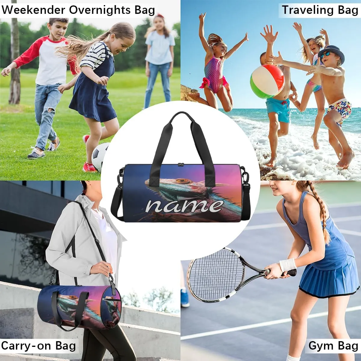 Lizard Printing Personalized Dance Bags, Lizard Printing Custom Sport Duffel Bag Travel Duffle Bag Overnight Weekender Bag