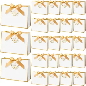 Locmeo 20 Sets Gift Bags Bulk with Handles 11 x 4 x 8 Inch Large Thank You Paper Gift Wrap Bags with Bow Ribbon for Wedding Bridesmaid Baby Shower Graduation Holiday Party Supplies (Gold and White)