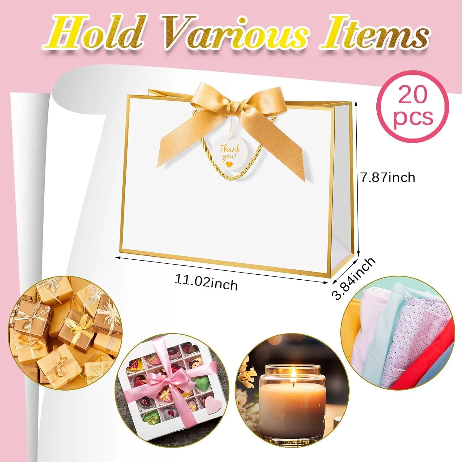 Locmeo 20 Sets Gift Bags Bulk with Handles 11 x 4 x 8 Inch Large Thank You Paper Gift Wrap Bags with Bow Ribbon for Wedding Bridesmaid Baby Shower Graduation Holiday Party Supplies (Gold and White)