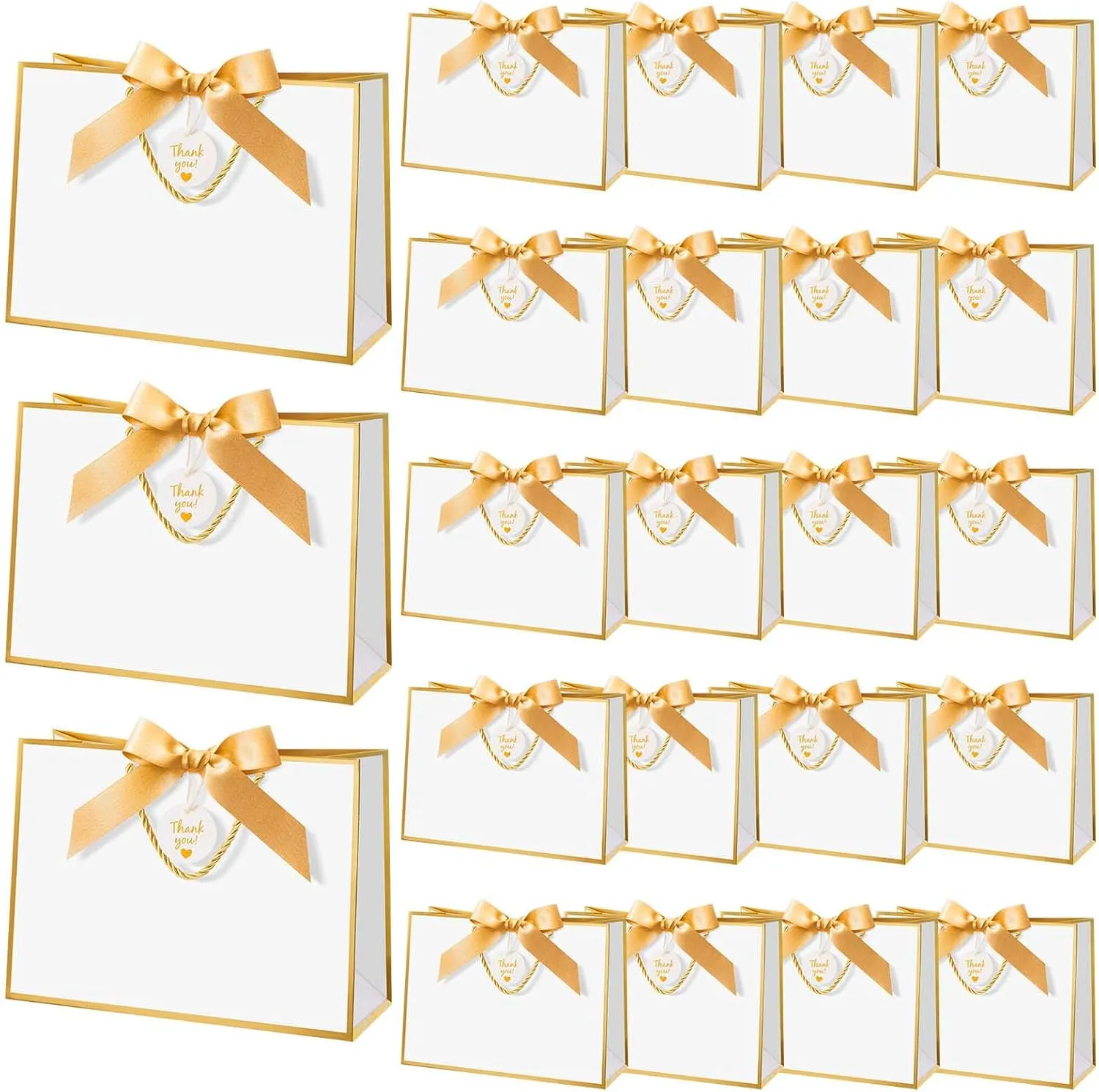 Locmeo 20 Sets Gift Bags Bulk with Handles 11 x 4 x 8 Inch Large Thank You Paper Gift Wrap Bags with Bow Ribbon for Wedding Bridesmaid Baby Shower Graduation Holiday Party Supplies (Gold and White)