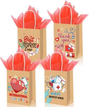 LOONELO Happy National Nurses Appreciation Week Gift Bags with Handle, 12pcs Thank You Nurse Paper Favor Bags for Goodie, Candy, Chocolate, Biscuit, Graduation Congrats Party Supplies Decorations