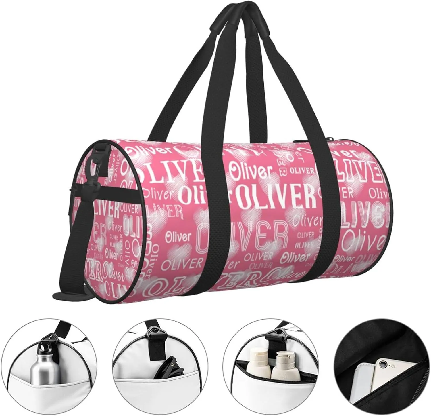 Love Peach Pink Personalized Duffle Bag for Women Men Custom Sports Gym Dance Bag with Name Customize Cheer Bags for Travel Yoga Ballet Cheerleader Overnight Weekender Handbag