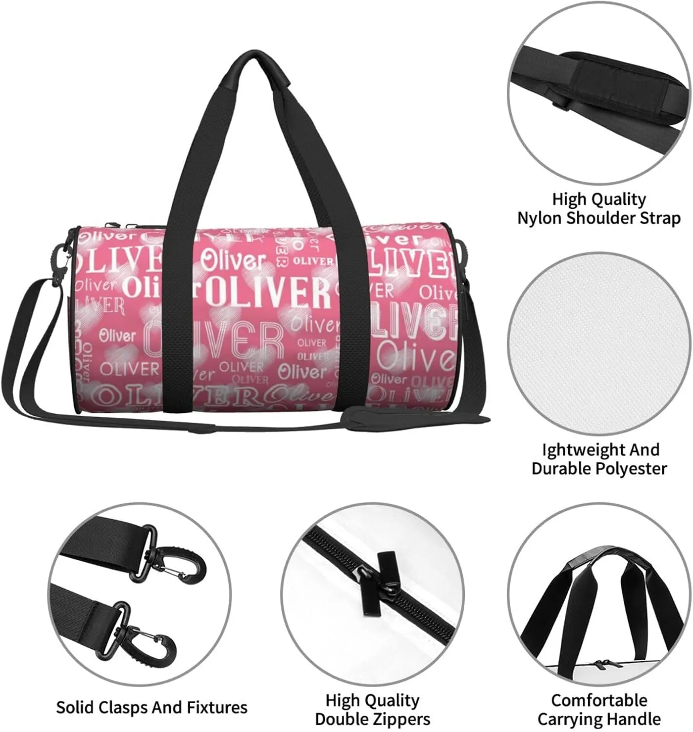 Love Peach Pink Personalized Duffle Bag for Women Men Custom Sports Gym Dance Bag with Name Customize Cheer Bags for Travel Yoga Ballet Cheerleader Overnight Weekender Handbag