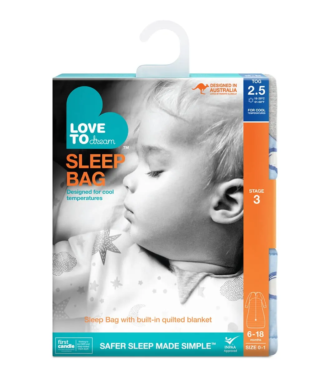 Love to Dream Warm Baby Sleep Bag (6-18 Mo), Super Soft Temp Regulating Sleeping Sack, 2.5TOG Warm Wearable Blanket, Blue