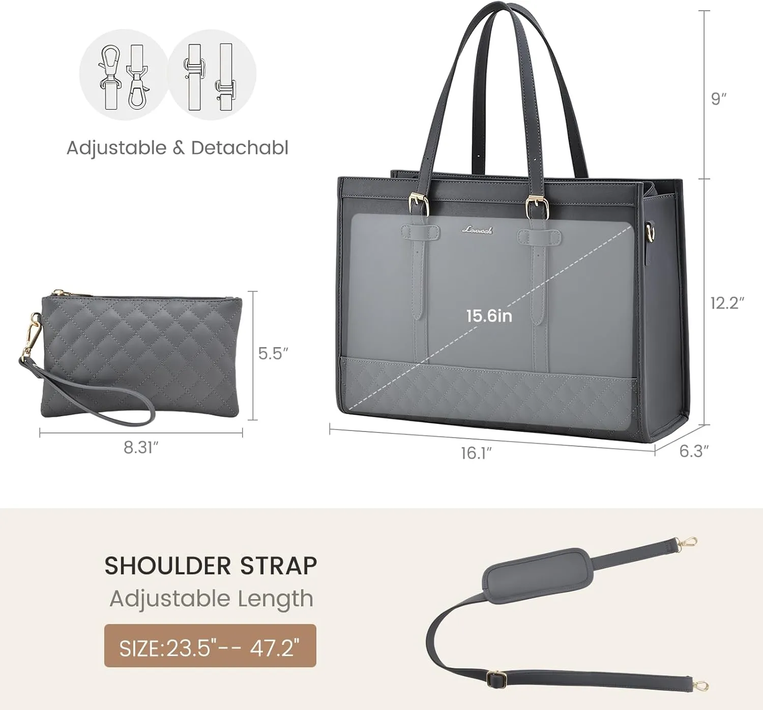 LOVEVOOK Laptop Bag for Women,15.6 inch Laptop Tote Bag Waterproof PU Leather Computer Bag Work Bags for Business Office, Large Capacity Laptop Purse Professional Work Tote Black