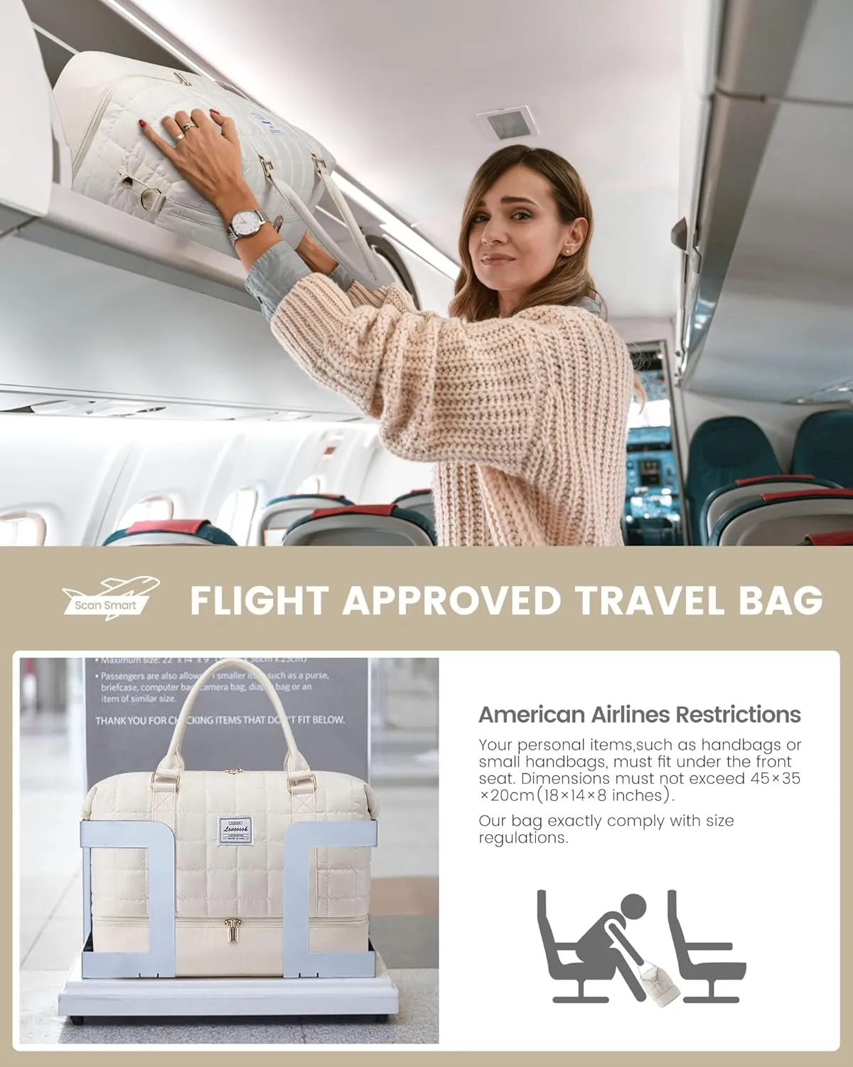 LOVEVOOK Large Duffle Bag for Travel, Puffer Weekend Bags for Women Travel Tote, Carry on Duffel Bag for Airplanes, 18 Inch Personal Item Bag Gym Bag Women, Beige