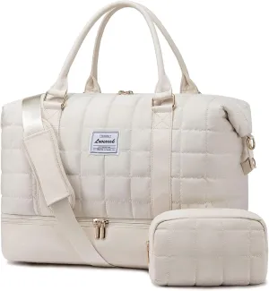 LOVEVOOK Large Duffle Bag for Travel, Puffer Weekend Bags for Women Travel Tote, Carry on Duffel Bag for Airplanes, 18 Inch Personal Item Bag Gym Bag Women, Beige