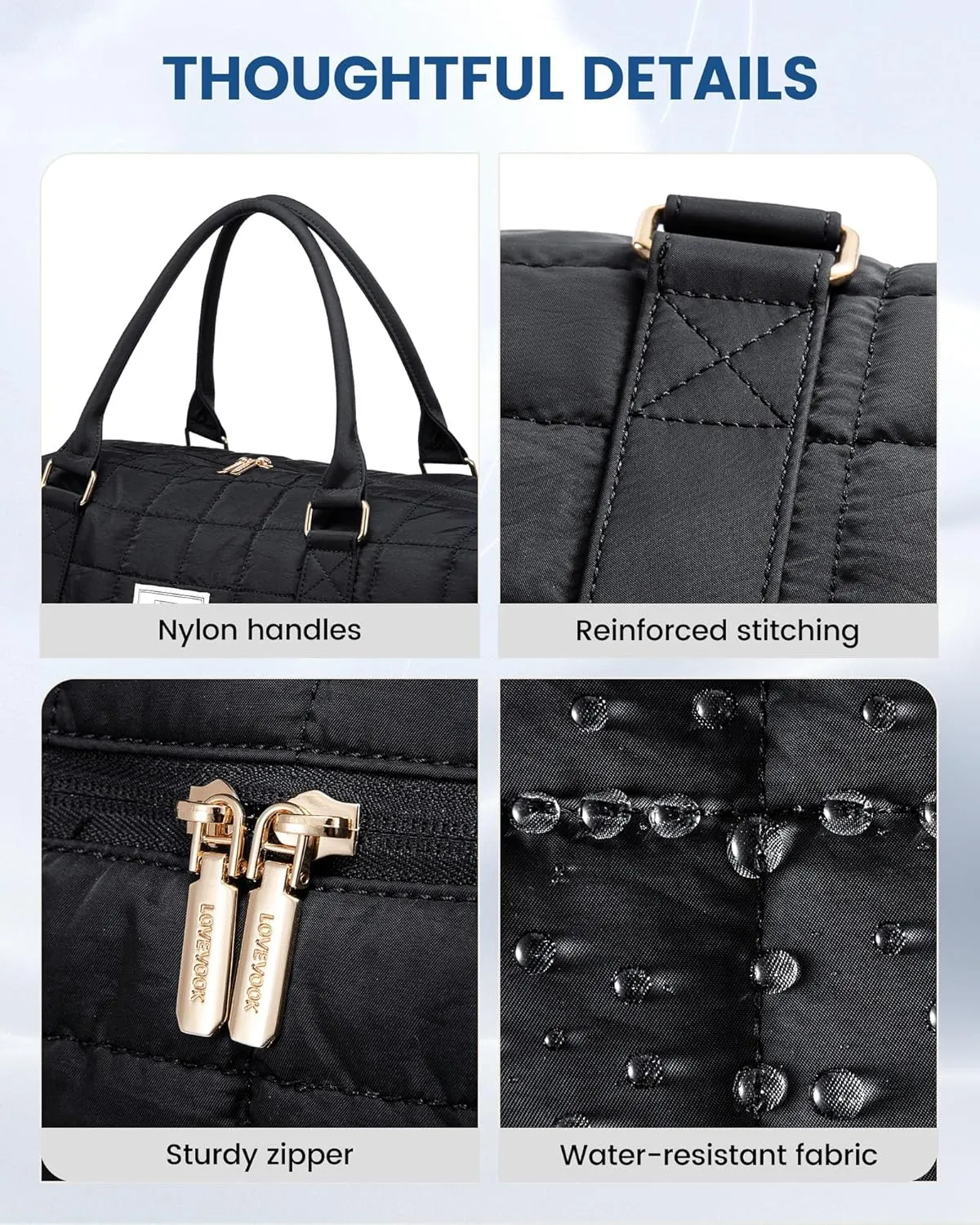 LOVEVOOK Large Duffle Bag for Travel, Puffer Weekend Bags for Women Travel Tote, Carry on Duffel Bag for Airplanes, 18 Inch Personal Item Bag Gym Bag Women, Black
