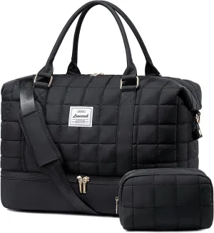 LOVEVOOK Large Duffle Bag for Travel, Puffer Weekend Bags for Women Travel Tote, Carry on Duffel Bag for Airplanes, 18 Inch Personal Item Bag Gym Bag Women, Black