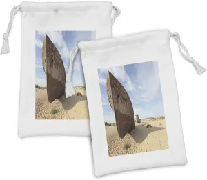 Lunarable Shipwreck Fabric Pouch Set of 2, Lost Ship in North Aral Desert Remnant Arid Barren Area of World Image, Small Drawstring Bag for Toiletries Masks and Favors, 9" x 6", Cream Blue