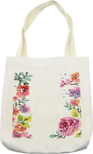 Lunarable Watercolor Flower Tote Bag, Framework with Delicate Summer Roses and Natural Borders Illustration, Cloth Linen Reusable Bag for Shopping Books Beach and More, 16.5" X 14", Cream