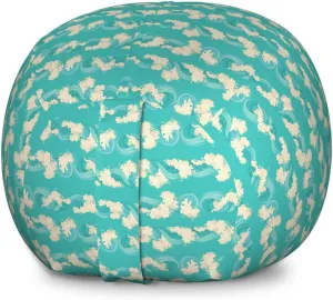 Lunarable Waves Storage Toy Bag Chair, Style Ocean Pattern Freedom Retro Freshness Poetic Illustration, Stuffed Animal Organizer Washable Bag, Large Size, Turquoise and Cream