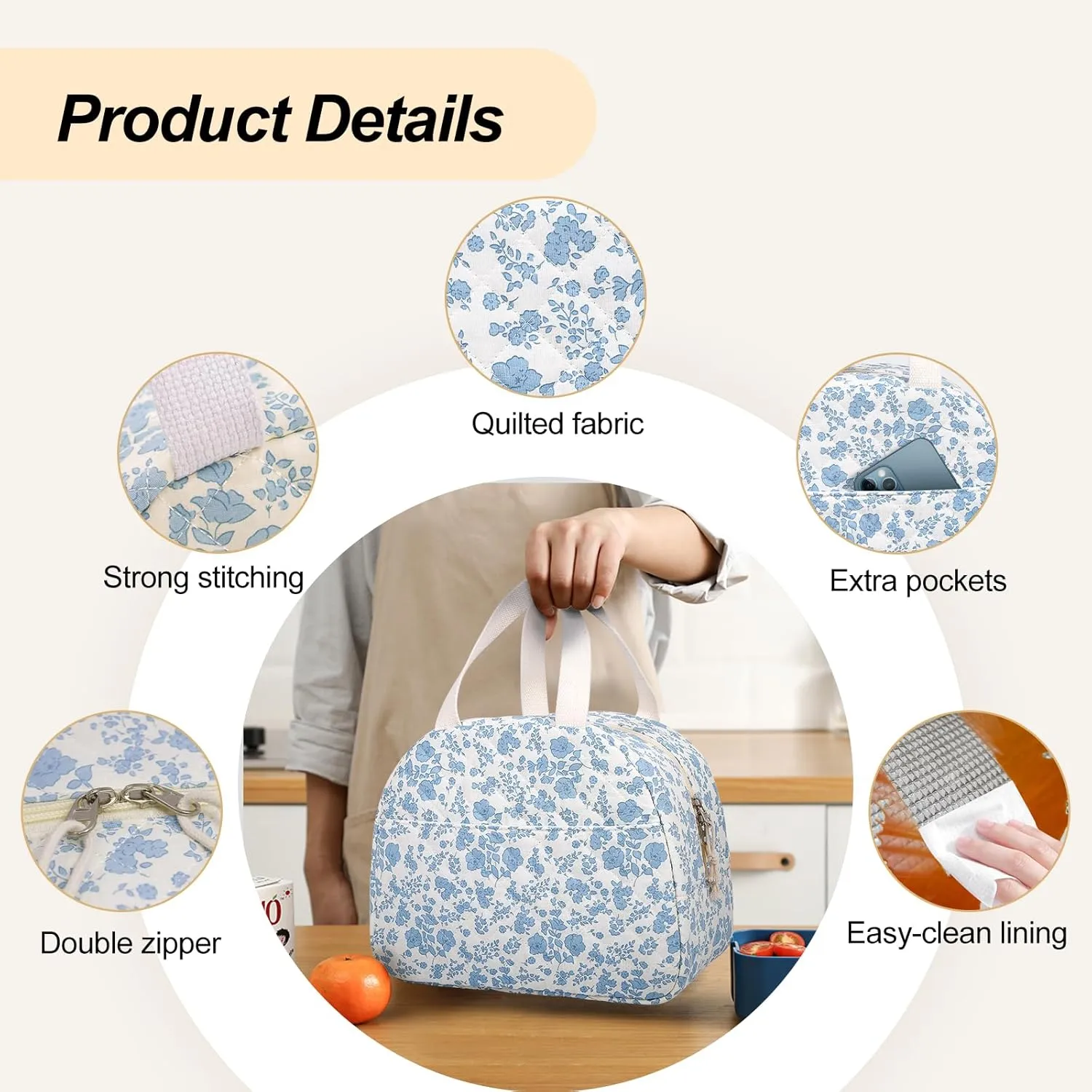 Lunch Box for Women,Cute Quilted Lunch Tote Bag,Reusable Insulated Lunch Box,Large Capacity Cooler Bag with Compartments for Work, Picnics or Travelling