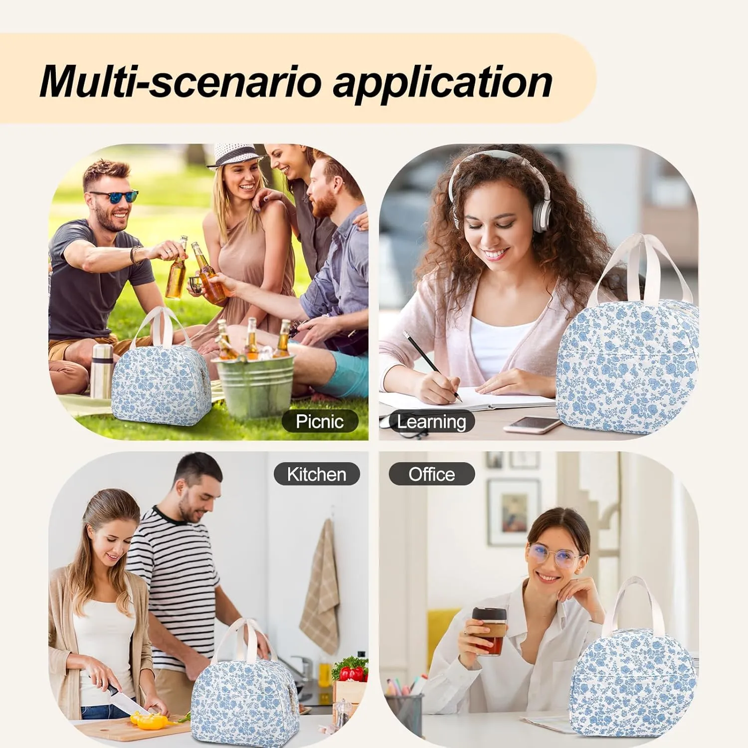 Lunch Box for Women,Cute Quilted Lunch Tote Bag,Reusable Insulated Lunch Box,Large Capacity Cooler Bag with Compartments for Work, Picnics or Travelling