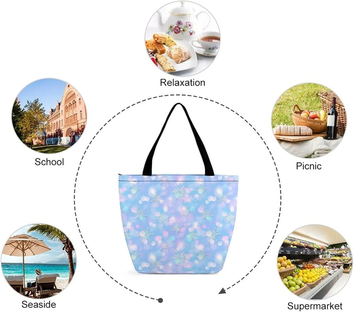 Magic Winter Pattern Cute Snowflakes Tote Bags Handbags for Women Fashion Shoulder Bags Shoulder Handbag.