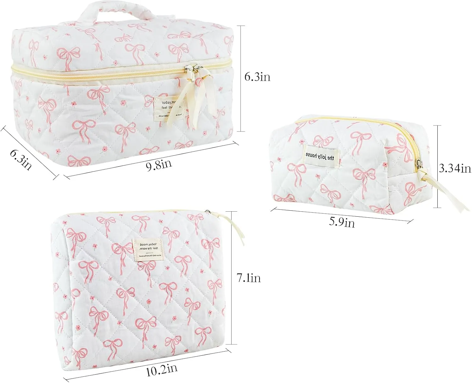 Makeup Bag, 3PC Quilted Makeup Bag Set Cotton Aesthetic Travel Large Cute Cosmetic Toiletry Bag for Women Girls
