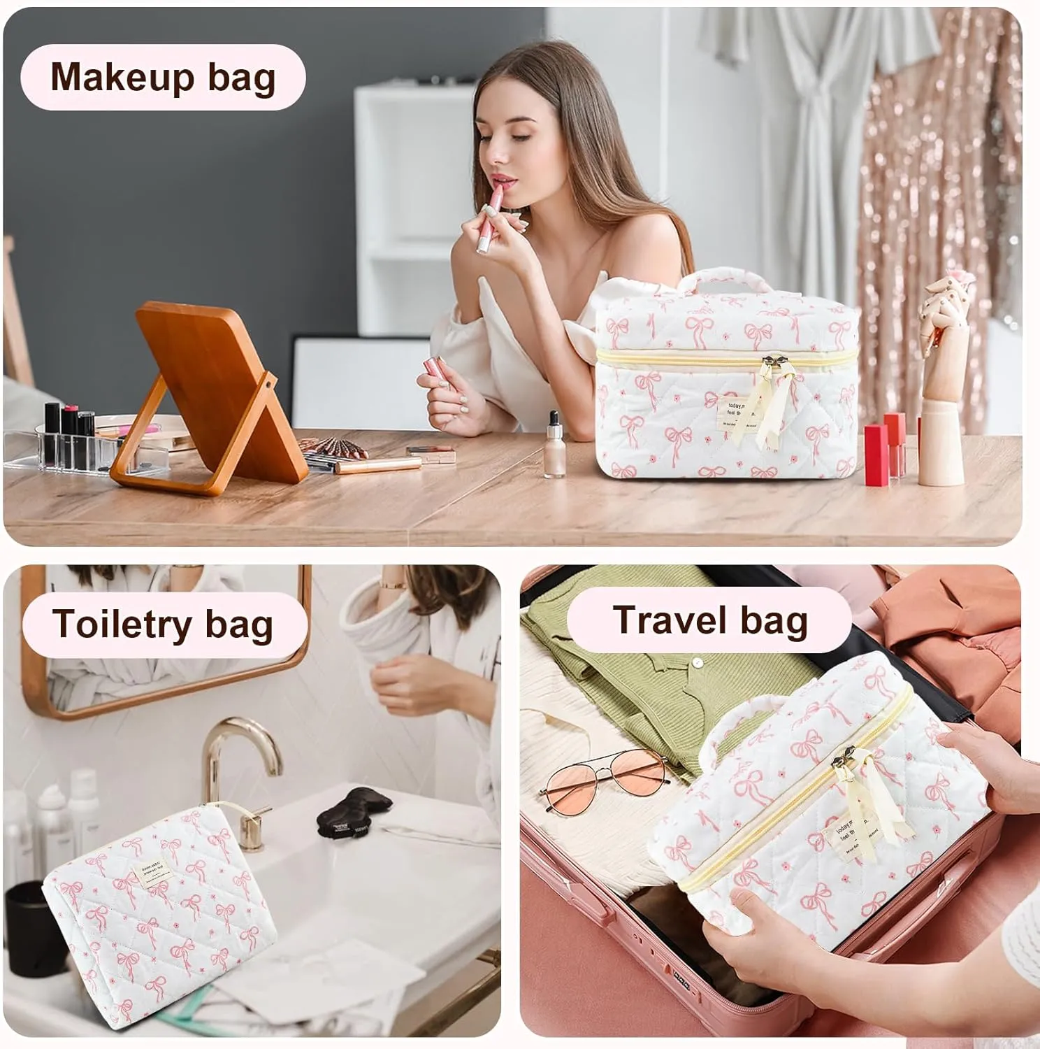 Makeup Bag, 3PC Quilted Makeup Bag Set Cotton Aesthetic Travel Large Cute Cosmetic Toiletry Bag for Women Girls