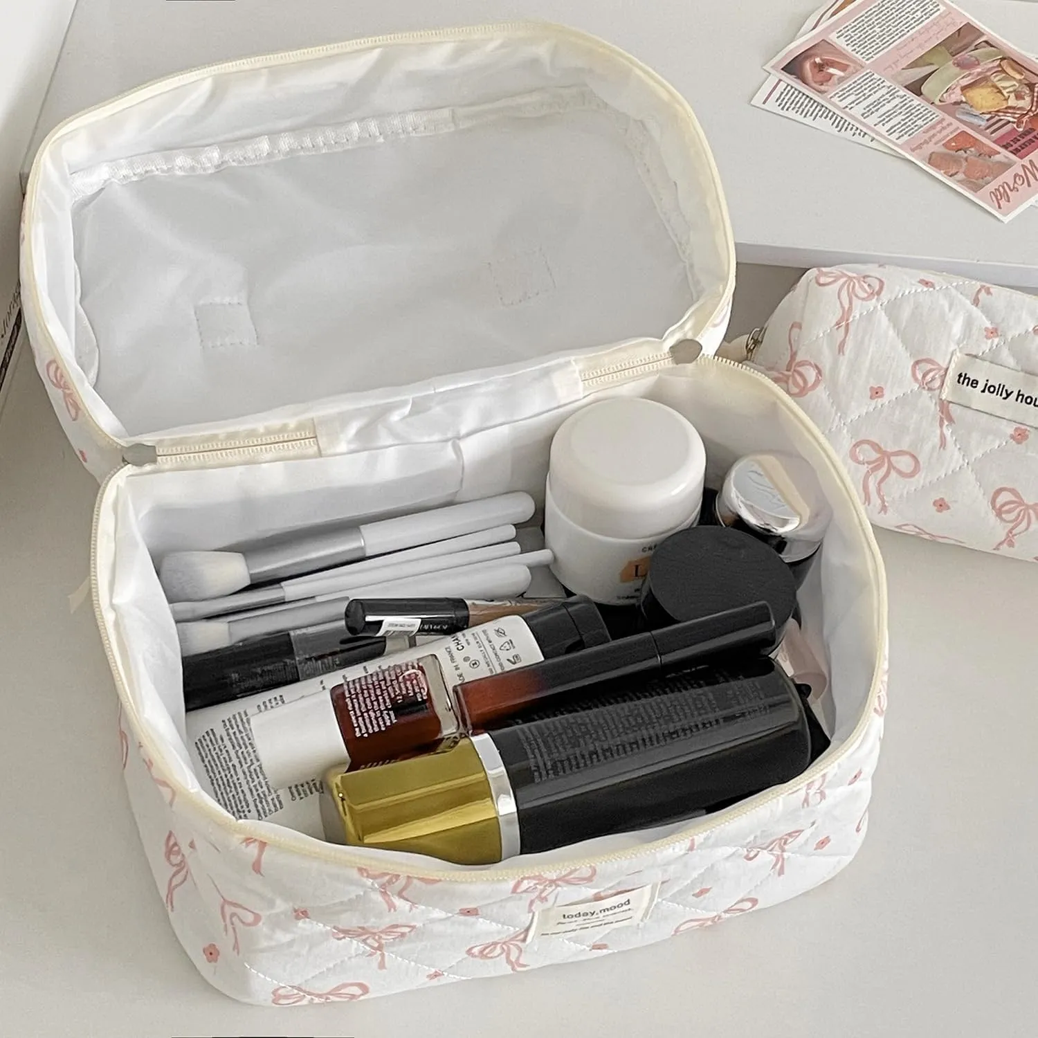 Makeup Bag, 3PC Quilted Makeup Bag Set Cotton Aesthetic Travel Large Cute Cosmetic Toiletry Bag for Women Girls