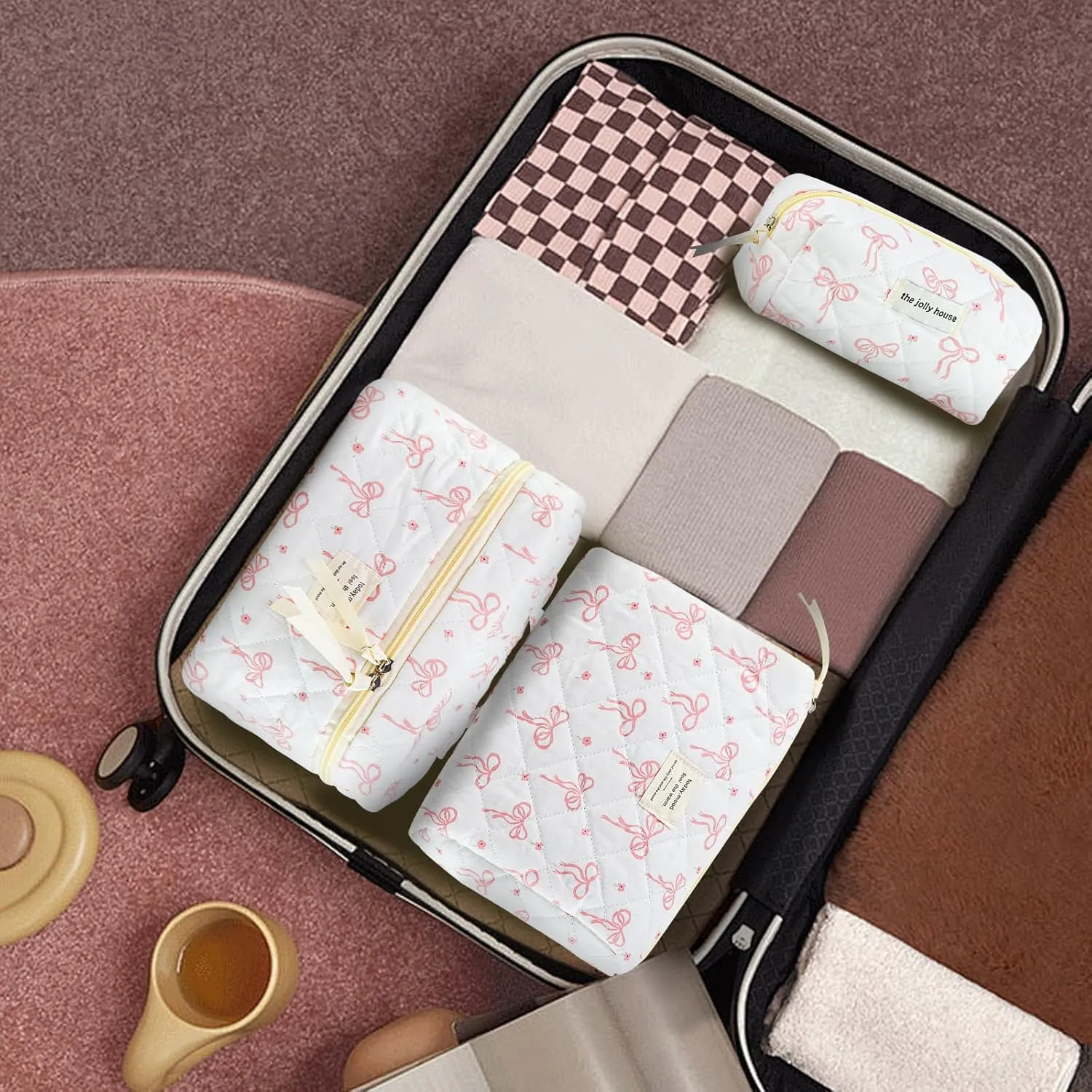 Makeup Bag, 3PC Quilted Makeup Bag Set Cotton Aesthetic Travel Large Cute Cosmetic Toiletry Bag for Women Girls