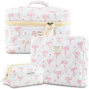 Makeup Bag, 3PC Quilted Makeup Bag Set Cotton Aesthetic Travel Large Cute Cosmetic Toiletry Bag for Women Girls