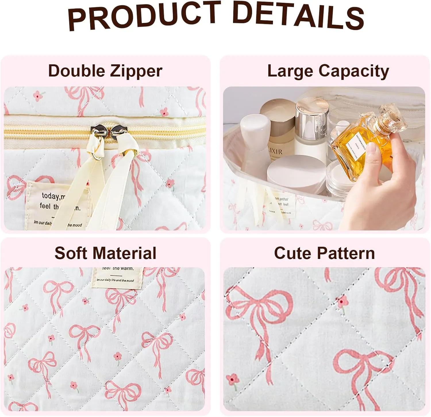 Makeup Bag, 3PC Quilted Makeup Bag Set Cotton Aesthetic Travel Large Cute Cosmetic Toiletry Bag for Women Girls