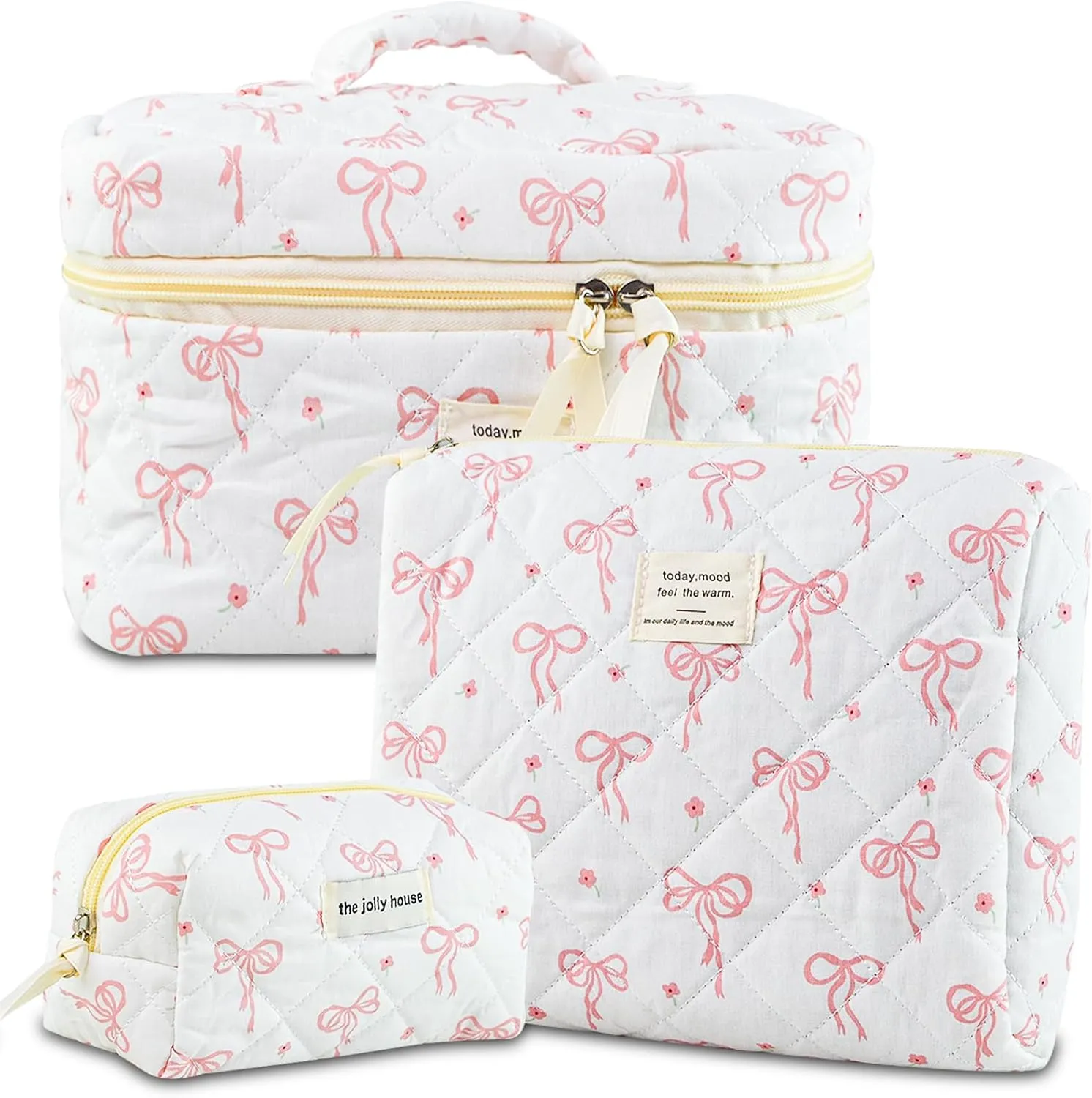 Makeup Bag, 3PC Quilted Makeup Bag Set Cotton Aesthetic Travel Large Cute Cosmetic Toiletry Bag for Women Girls