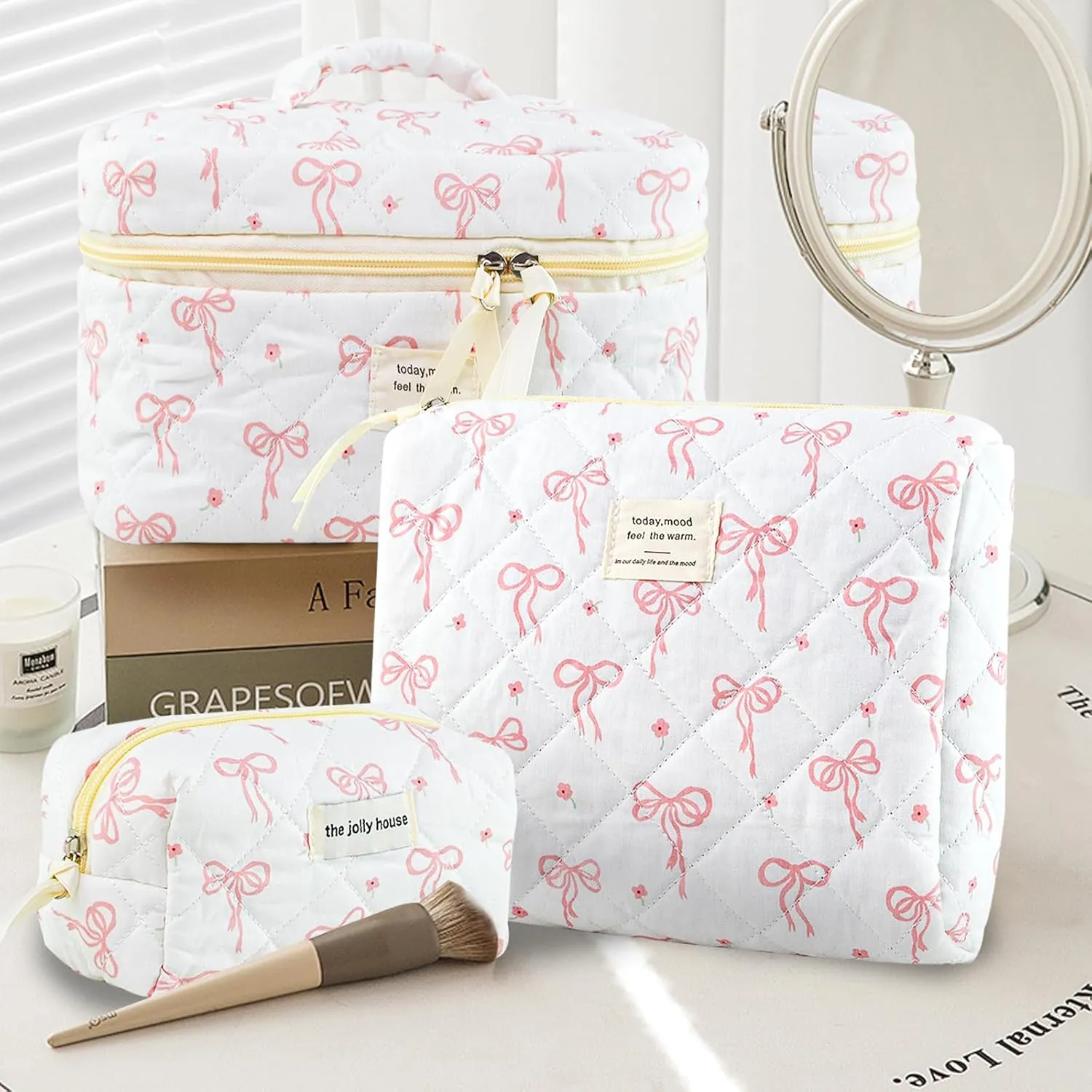 Makeup Bag, 3PC Quilted Makeup Bag Set Cotton Aesthetic Travel Large Cute Cosmetic Toiletry Bag for Women Girls