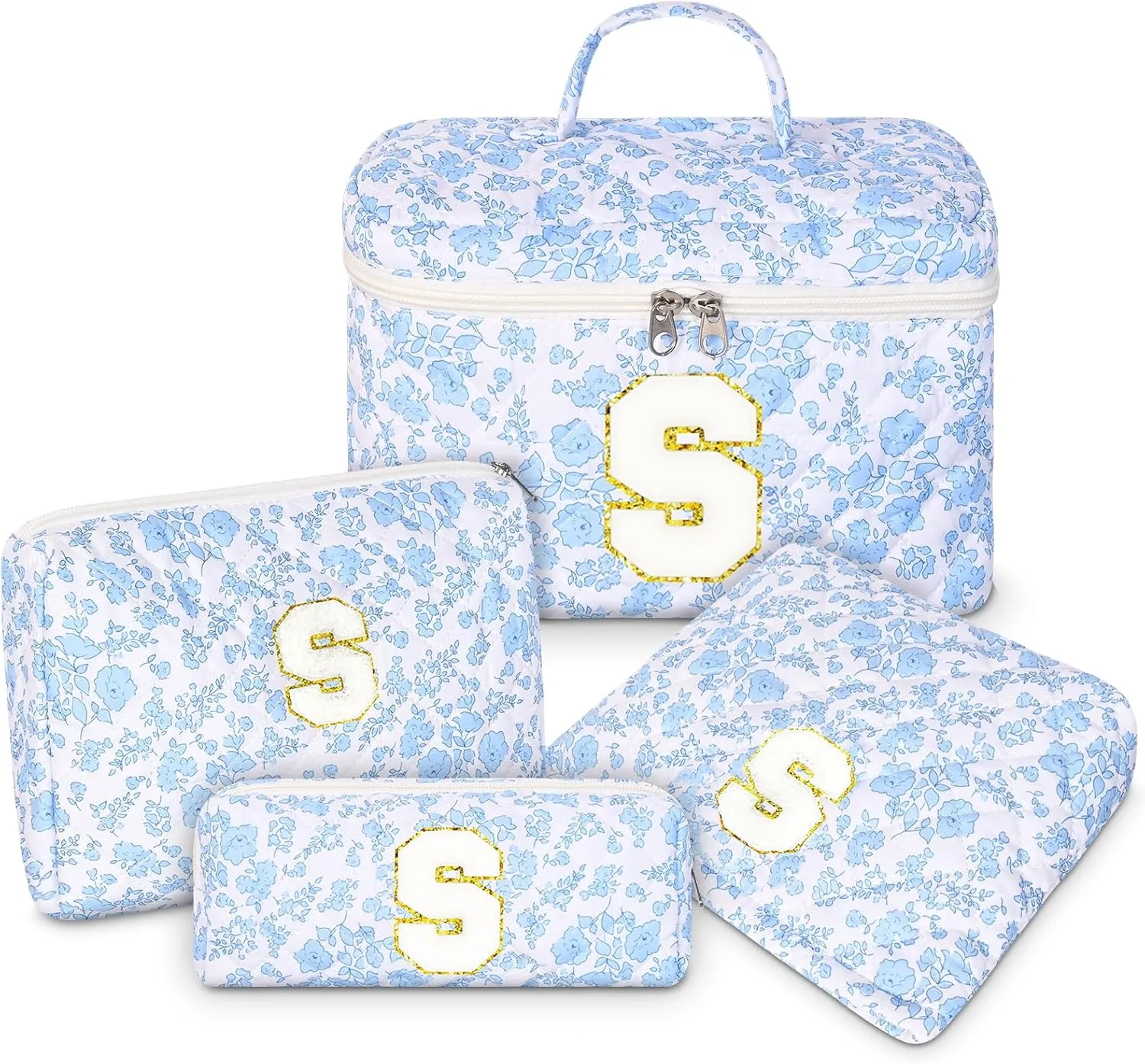 Makeup Bag, 4 Pcs Quilted Makeup Organizer Personalized Initial Gifts for Women Floral Make up Bag Cosmetic Bags Set Travel Toiletry Bag for Girlfriend Teen Girl Gifts Travel Essentials (Blue S)