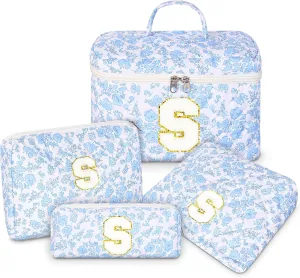 Makeup Bag, 4 Pcs Quilted Makeup Organizer Personalized Initial Gifts for Women Floral Make up Bag Cosmetic Bags Set Travel Toiletry Bag for Girlfriend Teen Girl Gifts Travel Essentials (Blue S)