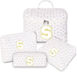 Makeup Bag, 4 Pcs Quilted Makeup Organizer Personalized Initial Gifts for Women Floral Make up Bag Cosmetic Bags Set Travel Toiletry Bag for Girlfriend Teen Girl Gifts Travel Essentials (White S)