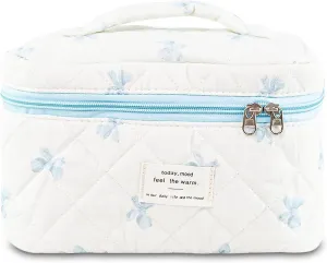 Makeup Bag, Quilted Bow Cosmetic Bag, Large Travel Aesthetic Make up Bag, Cute Coquette Toiletry Bag for Women Girls