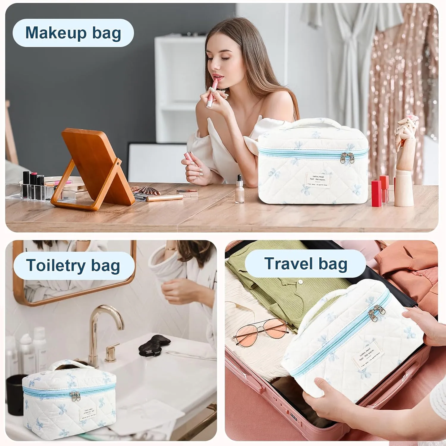 Makeup Bag, Quilted Bow Cosmetic Bag, Large Travel Aesthetic Make up Bag, Cute Coquette Toiletry Bag for Women Girls
