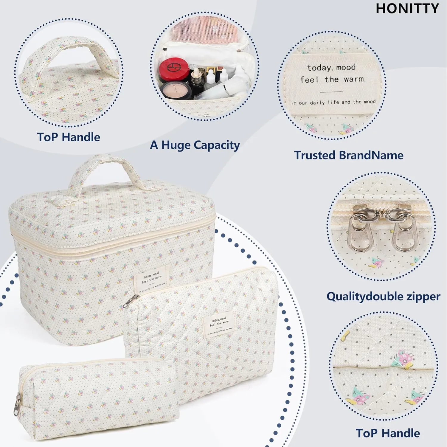 Makeup Bag,Quilted Cosmetic Bags,Large Floral Make Up Organize bag,Makeup Bag Set for Women,Flower Travel Toiletry Bag