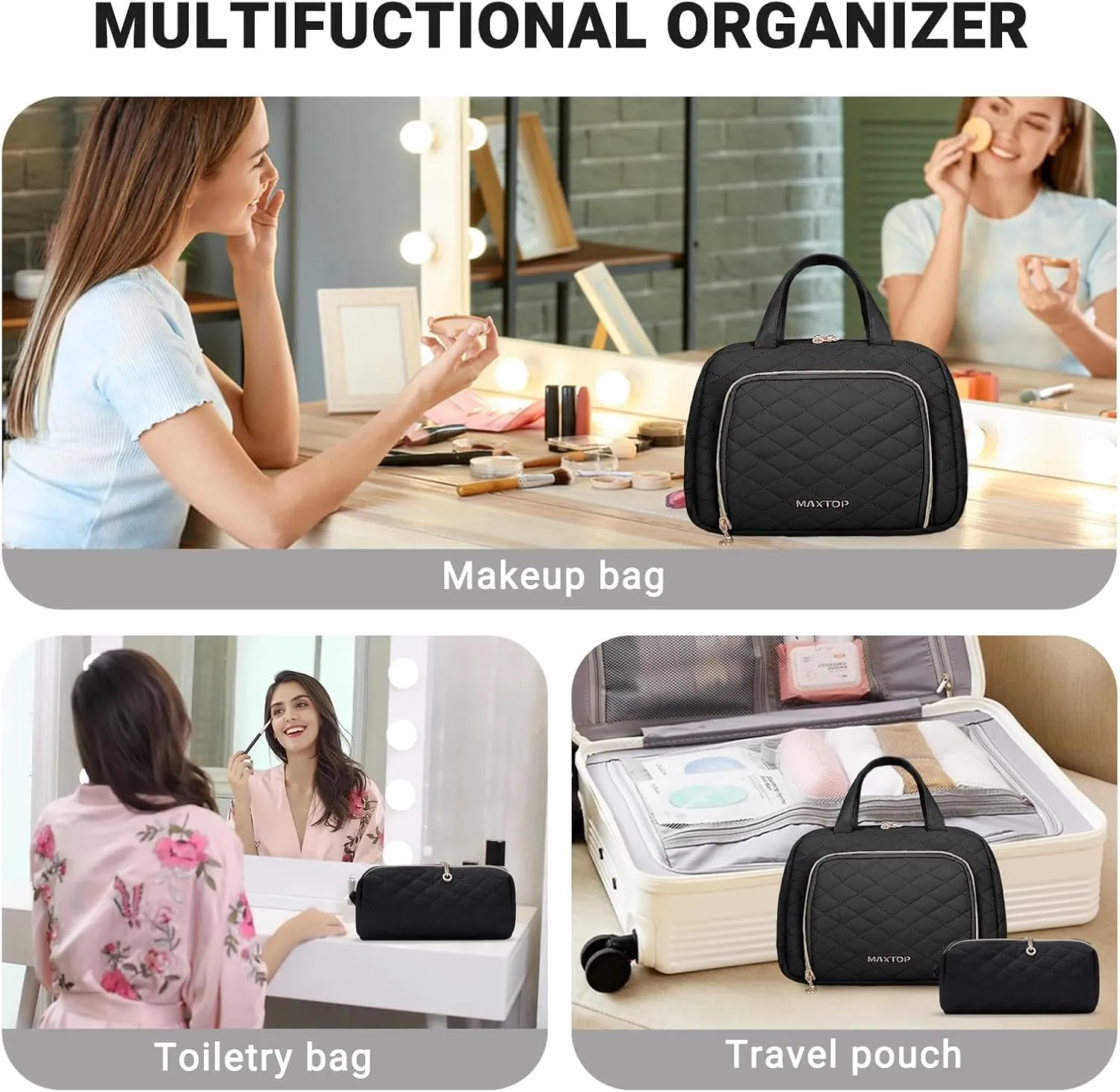 MAXTOP Large Make Up Bags for Women Girls,2Pcs Cosmetic Bag with Jewelry Storage Compartment and Handle,Quilted Makeup Bag,Travel Toiletry Bag for Travel Essentials Make Up Organizer Bag
