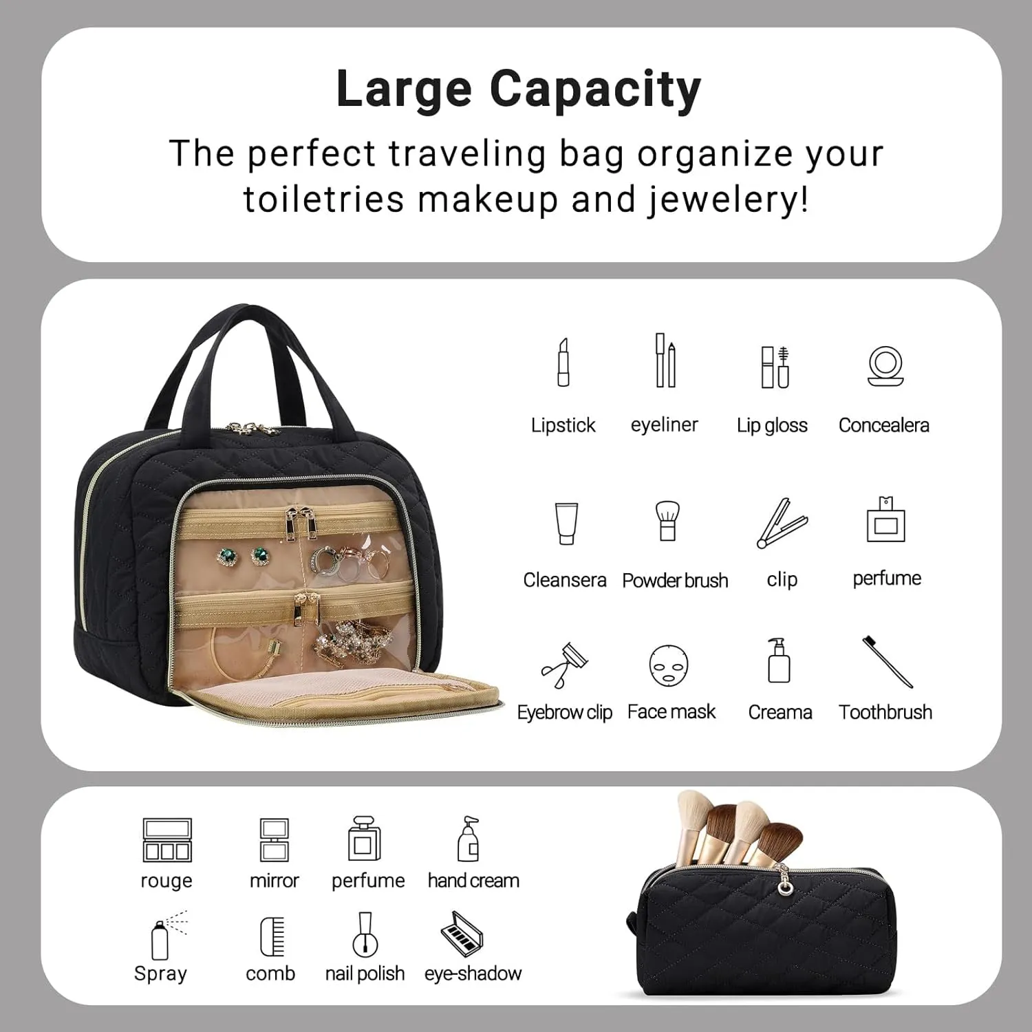 MAXTOP Large Make Up Bags for Women Girls,2Pcs Cosmetic Bag with Jewelry Storage Compartment and Handle,Quilted Makeup Bag,Travel Toiletry Bag for Travel Essentials Make Up Organizer Bag
