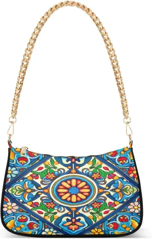 Mexican Ceramic Tile Shoulder Bag for Women, Handbag with Chain Strap, Soft Purse Tote Bag for Ladies