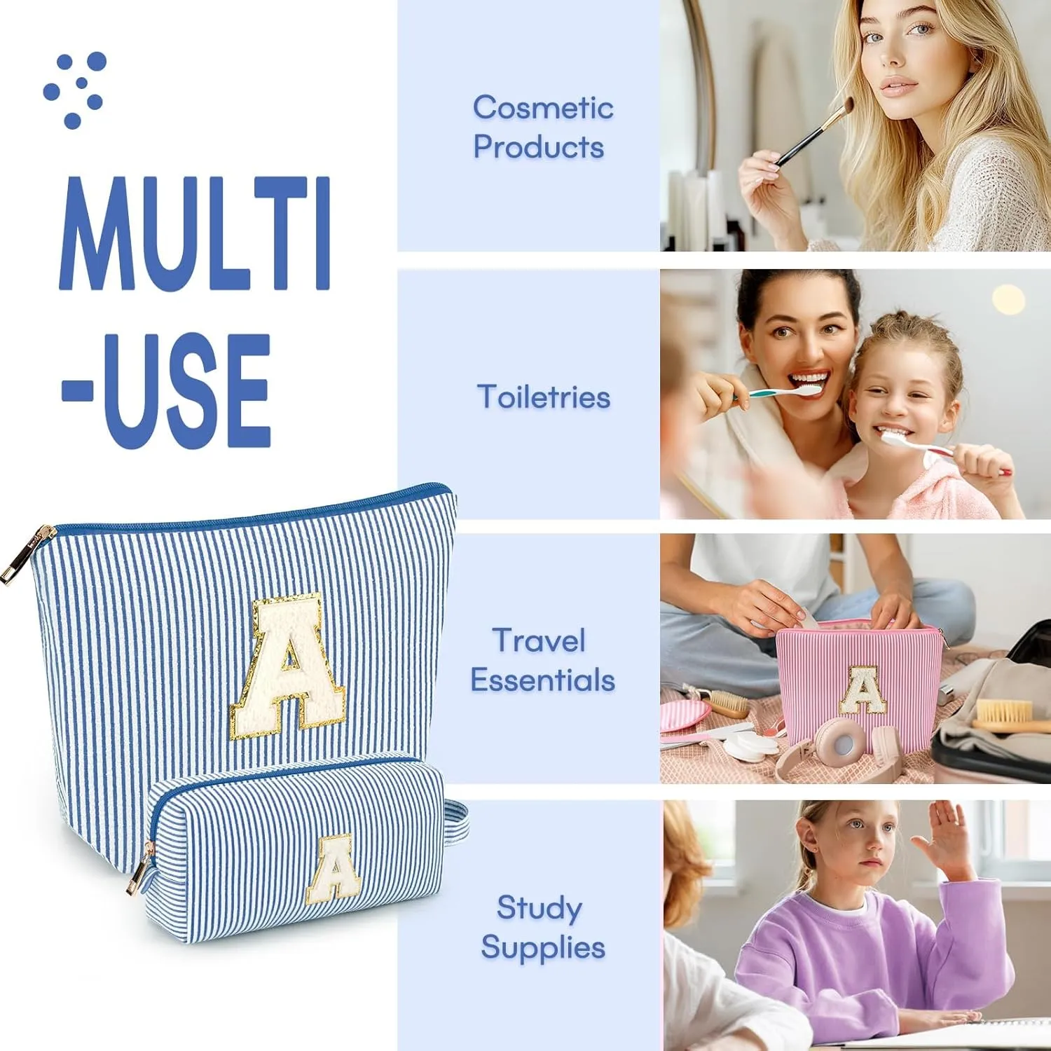 mibasies 2 PCS Initial Makeup Bags: Mothers Day Gifts for Women - Cosmetic Bag for Travel Toiletry - Gifts for 11 12 13 14 15 16 17 18 Years Old Teen Girl Gifts Graduation Teacher Gifts - Blue A
