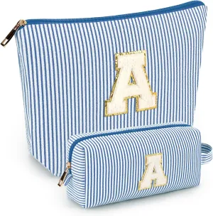 mibasies 2 PCS Initial Makeup Bags: Mothers Day Gifts for Women - Cosmetic Bag for Travel Toiletry - Gifts for 11 12 13 14 15 16 17 18 Years Old Teen Girl Gifts Graduation Teacher Gifts - Blue A